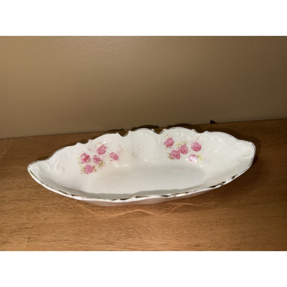 Vintage Western Cereal Co Chicago Pink Rose Porcelain Celery Dish Gold Trim 8in